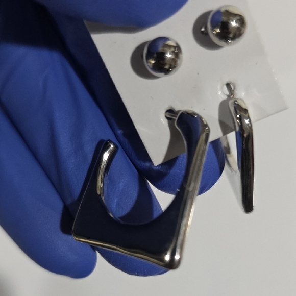 Silver Geometric Hoop & Stud Earrings Set – Modern Minimalist Fashion Jewelry - Picture 9 of 11